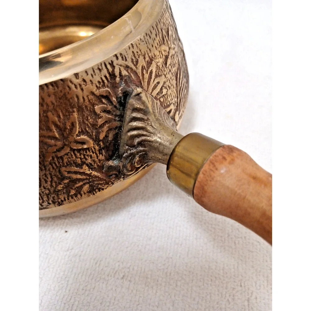 Exotic Copper Sauce Pot Wood Handle‎ Hammered Design Fondue Party Vintage Patina